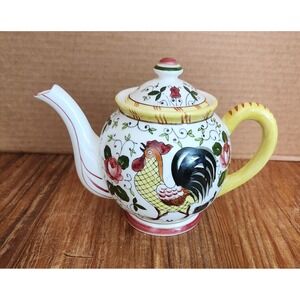 Ucago Early Provincial Rooster & Roses Tea Pot Hand Painted Farmhouse Cottage